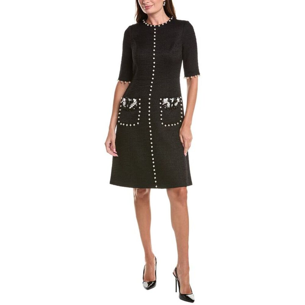 Teri Jon By Rickie Freeman Womens Boucle Pearl Trim Dress, Black
